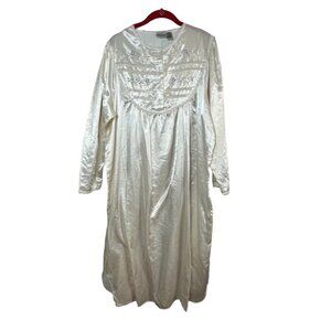 Delicates Nightgown Women L Ivory Satin Button Down Floral Embroidery Vintage